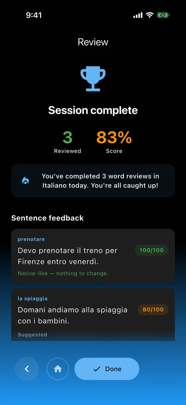 Feedback screen in FluenSi